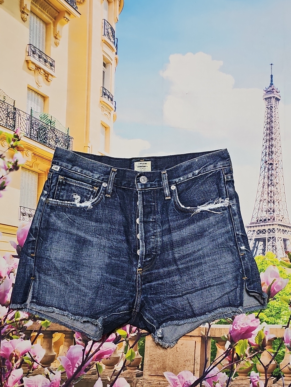 Citizens Of Humanity Dark Blue Distressed Button-Front Denim Shorts Size 26